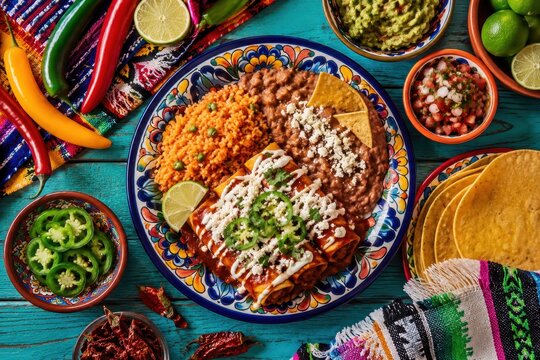 Delicious Mexican food platter with enchiladas, rice, beans, and guacamole, garnished with jalape&ntilde;os and lime, surrounded by colorful chili peppers and tortillas on a vibrant wooden table