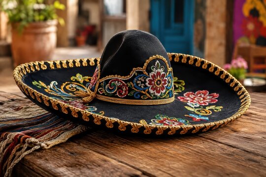 An intricately embroidered black sombrero resting on a rustic wooden table, evoking cultural heritage and festive spirit