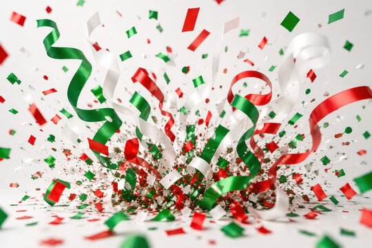 Confetti and streamers bursting with red, white, and green colors in a celebratory explosion