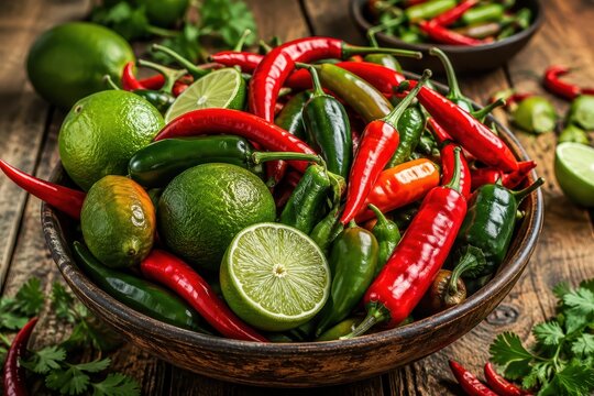 Fresh chili peppers and lime in a bowl for spicy cuisine