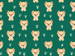 Obraz premium Cute dog pattern seamless repeat green background paw print cartoon animal puppy icon pet illustration beige fur cute face style