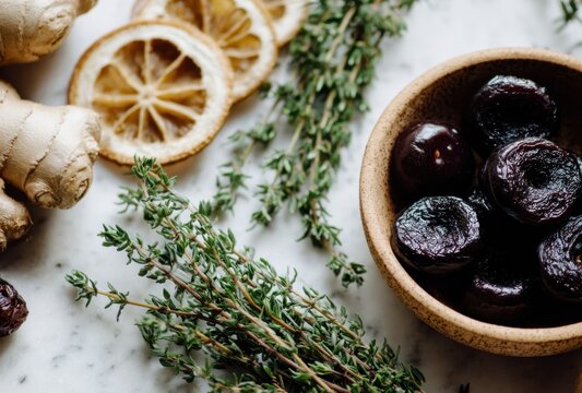 Healthy ingredients including ginger root, dried lemon slices, thyme, and prunes on marble surface