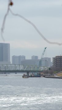 Tokyo Skyline with Sumida River Bridge and Construction Crane