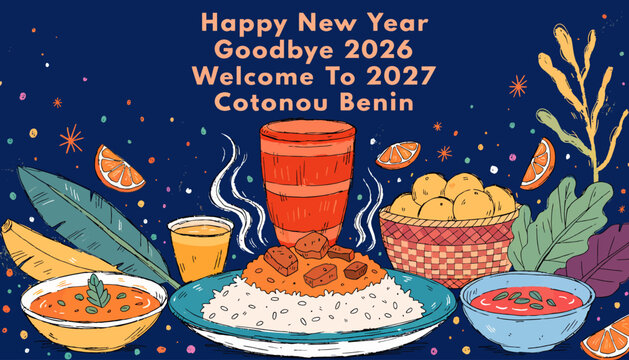 Happy New Year 2027 Cotonou Benin Festive Food Celebration with Traditional Dishes and Colorful Decorations