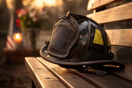 Firefighter's helmet resting on a wooden bench with a candle and flowers, symbolizing remembrance and sacrifice