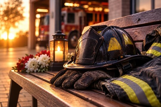 Remembrance of fallen firefighter with helmet, gloves, and candle on a bench outside a fire station at sunset