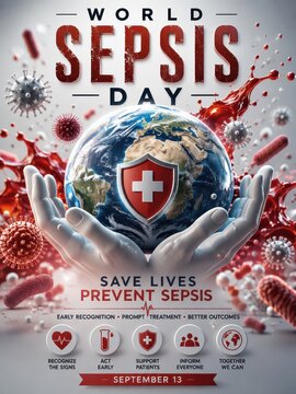 World Sepsis Day awareness poster with a global theme and medical symbols