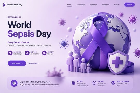 World Sepsis Day awareness graphic with purple ribbon around globe and shield icon