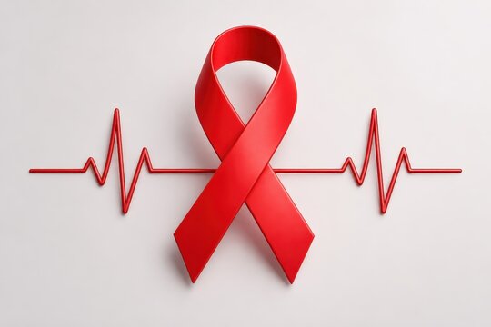 Red ribbon for AIDS awareness campaign with heart beat line