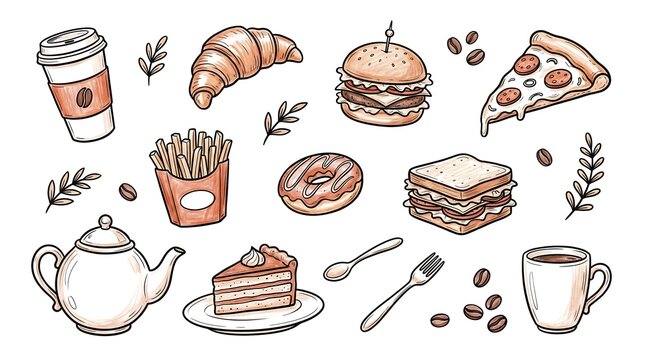 Hand-drawn fast food icons set with coffee cup, croissant, burger, and pizza vector illustration