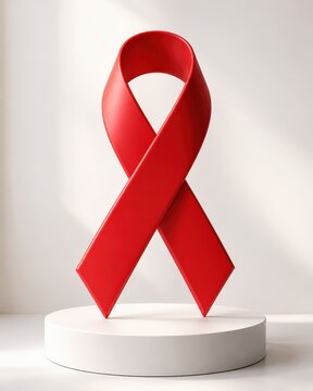 Red ribbon for AIDS awareness on a display stand