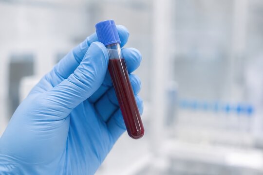 Medical professional holding a vial of blood sample in a laboratory setting