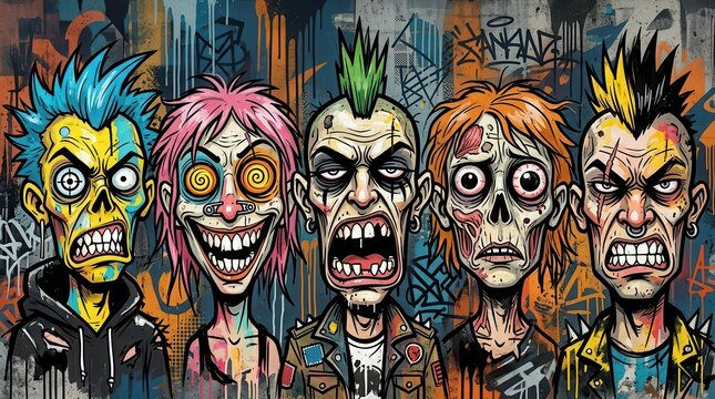 Punk zombie abstract face illustration with modern graffiti and contemporary artwork aesthetic.