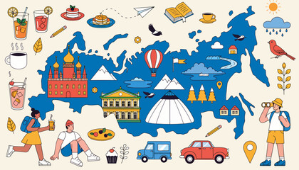 Naklejka premium Russia Travel Icons Map Illustration - Explore Cities, Nature, and Culture