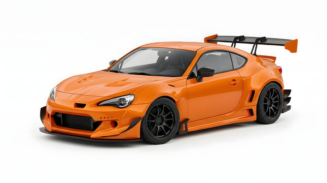 Sporty coupe with aggressive body kit and rear spoiler on transparent background