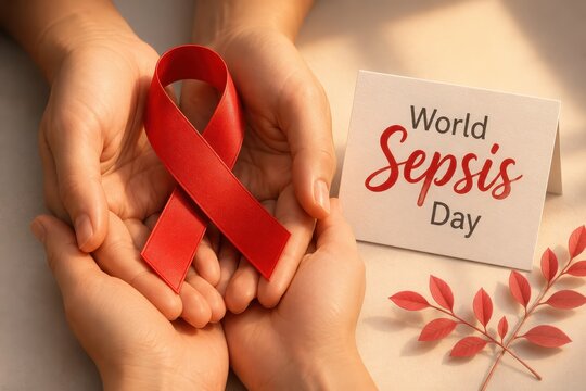 Hands holding red ribbon and card with text World Sepsis Day