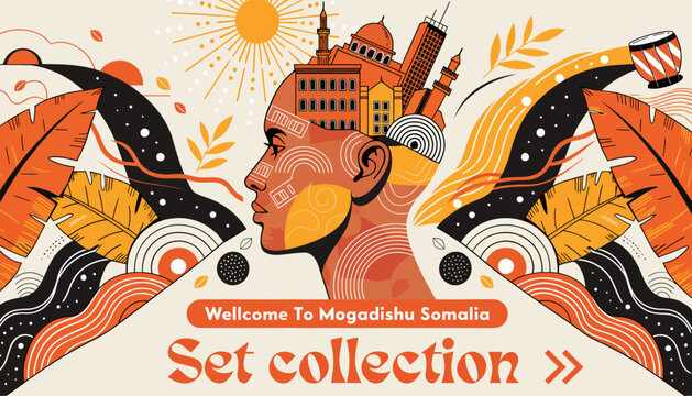 Somali Culture and Heritage: Mogadishu Cityscape Silhouette in Woman's Head - African Identity, Travel Poster