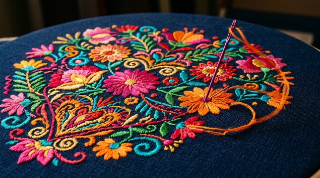 Bordado tradicional mexicano con flores coloridas sobre tela azul, aguja e hilo en bastidor artesanal para el Mes de la Herencia Hispana.