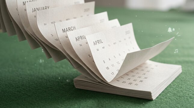 Hojas de calendario pasando sobre fondo verde, planificaci&oacute;n de fechas y eventos culturales para el Mes de la Herencia Hispana.