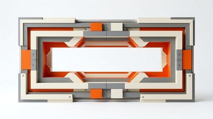 Fototapeta premium Abstract Geometric Frame Made of Interlocking Blocks In Grey White And Bright Orange On White Background