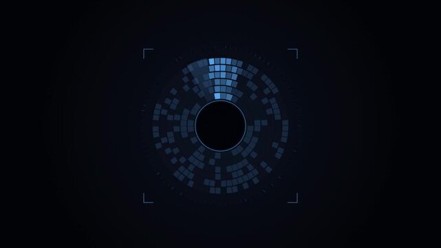 Abstract animated iris encoded into ring segments drawn as blue and cyan lines and shapes on a deep dark background. Seamless looping 4K motion graphics video with free space for text, ideal for techn