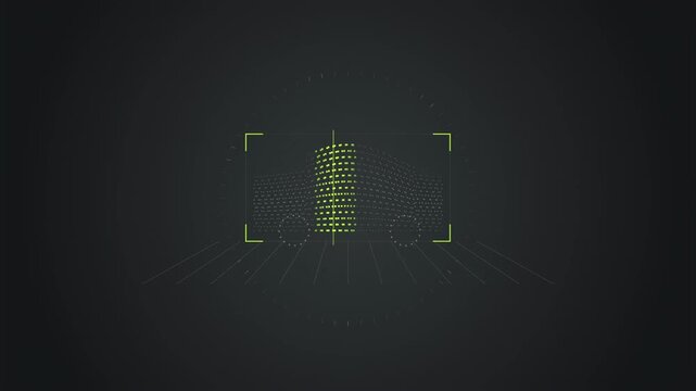 Abstract animated vehicle outlined by a lidar scan drawn as cool blue-white lines and shapes on a deep dark background. Seamless looping 4K motion graphics video with free space for text, ideal for te