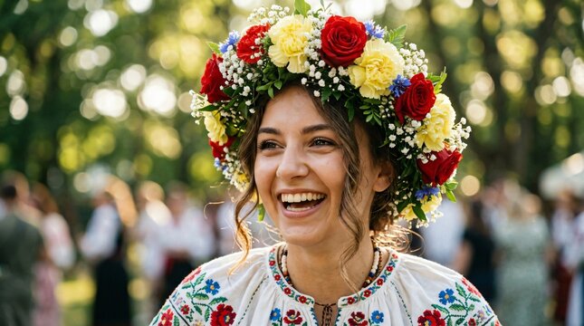 Mujer sonriente con corona de flores y blusa bordada tradicional celebrando fiesta folcl&oacute;rica al aire libre.