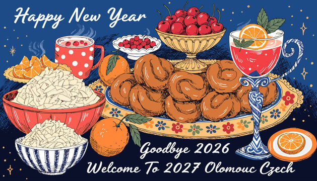 Happy New Year 2027 Olomouc Czech Republic Festive Food Celebration with Cherries, Oranges, and Pastries
