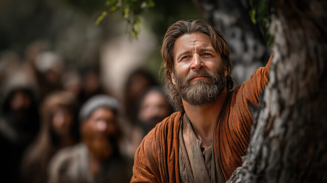 Zacchaeus watching Jesus from a sycamore tree in an ancient biblical street scene with gathered crowd below