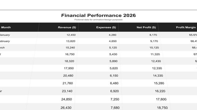 Digital financial dashboard performance 2026 table scrolling animation isolated on white background