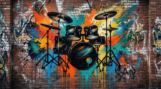 Urban street art depicting a drum musical instrument set on a textured graffiti wall.