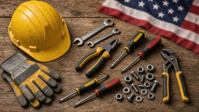 Yellow hard hat and tools arranged on wooden surface with USA flag backdrop