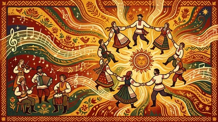 Obraz premium Danza folclórica en círculo alrededor del sol con músicos tradicionales, celebración festiva cultural, arte folclórico y música popular.
