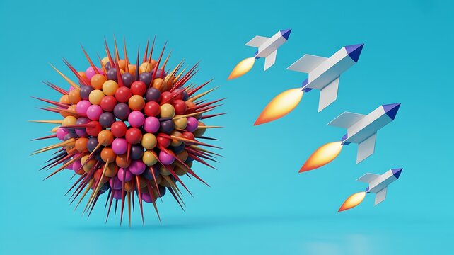 Creative innovation concept with colorful idea sphere and multiple rockets launching toward the future