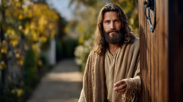 Jesus standing at a door knocking in a symbolic biblical scene of invitation and spiritual awakening