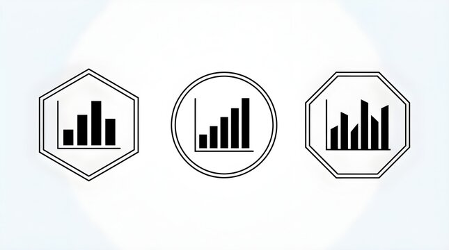Geometric framed bar chart icons with hexagon circle and octagon borders isolated on white background