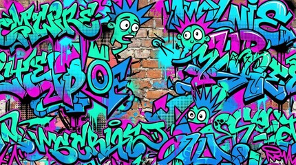 Obraz premium Urban graffiti wall background with pop art elements and bright colors.