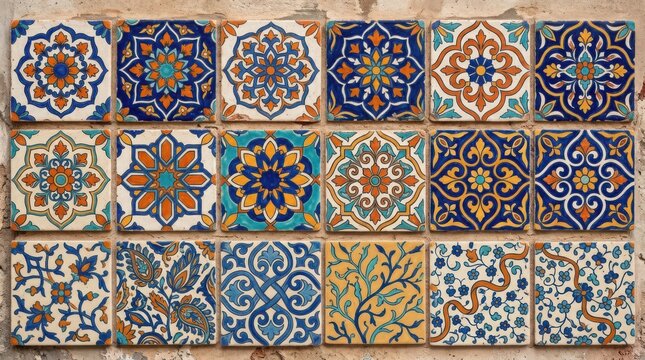 Vibrant traditional Hispanic tiles wall decoration ,Hispanic Heritage Celebration Month, Latino Ctivalultural Festival, Cinco de Mayo, D&iacute;a de los Muertos, Carnaval, Inti Raymi