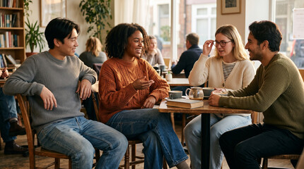 Fototapeta premium Friends wearing cozy knit sweaters and jeans at cafe table, warm conversation and casual social connection 
