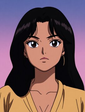 Confident character with long black hair, striking eyes, and soft gradient backdrop.