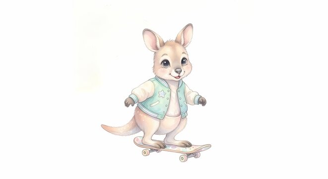 Cute baby kangaroo wearing a jacket riding a skateboard watercolor illustration isolated on white background