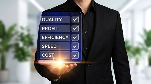Businessman presenting corporate performance metrics and business success checklist