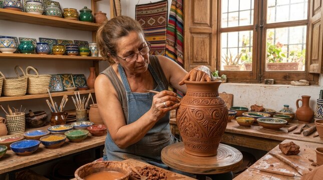 Woman crafting traditional Latin pottery ,Hispanic Heritage Celebration Month, Latino Ctivalultural Festival, Cinco de Mayo, D&iacute;a de los Muertos, Carnaval, Inti Raymi