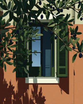 Sunlit window framed by lush olive branches, vibrant colors create serene atmosphere