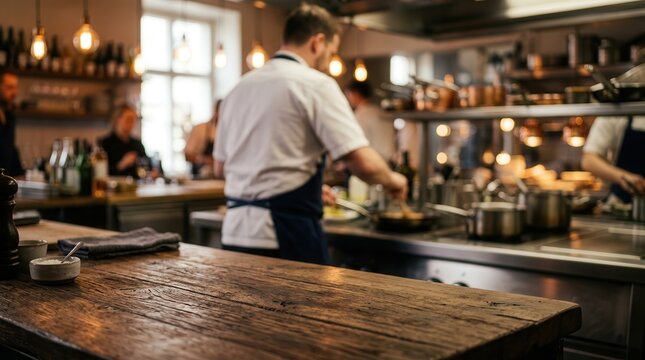High-end restaurant kitchen with professional chefs working and a shallow depth of field.