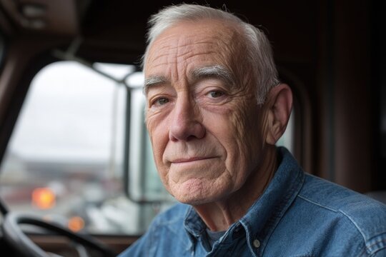 Experienced truck driver gazes thoughtfully from cab, showcasing
