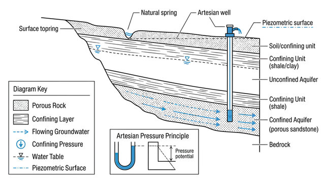 Groundwater Flow Diagram with Aquifers and Well