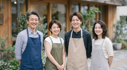 Fototapeta premium 美容室の店舗の前に立ち笑顔で並ぶ経営者とスタッフ