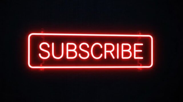 Bright red glowing neon sign with the word subscribe isolated on a black background.