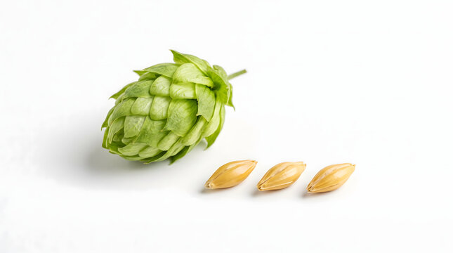 Fresh green hop cones and golden barley grains: a minimalist composition, isolated against a white background. Created using AI.